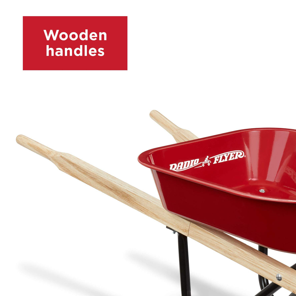 Radio Flyer Classic Kids Wheelbarrow front wheel—stable steering for easy indoor and outdoor use.