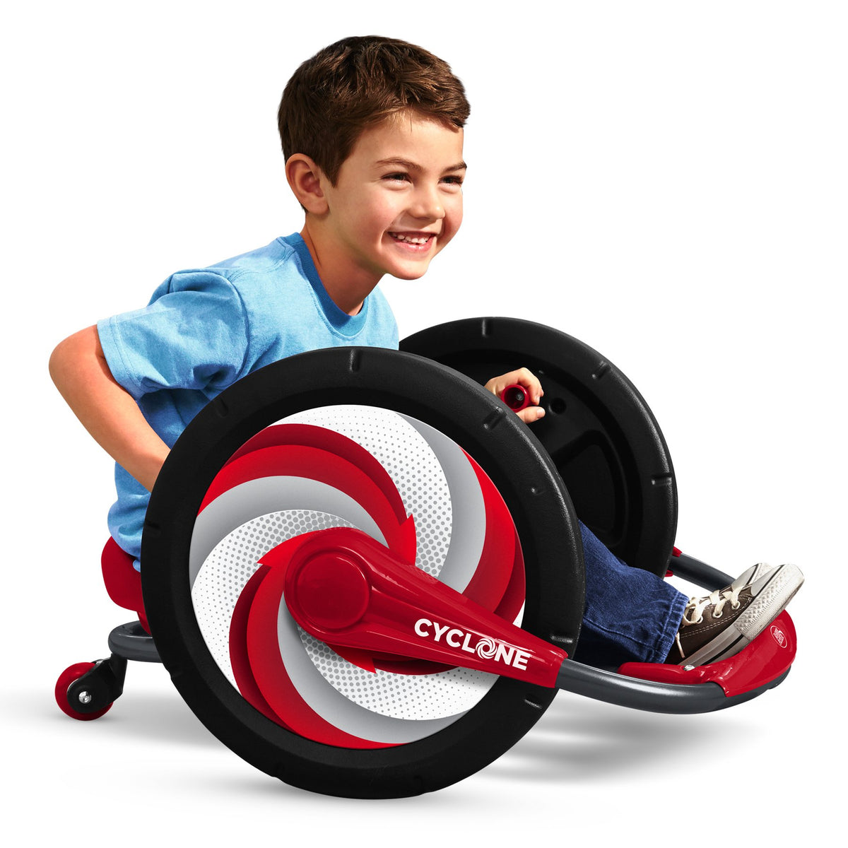 Radio Flyer Cyclone arm-powered action with grips for coordinated play and steering.