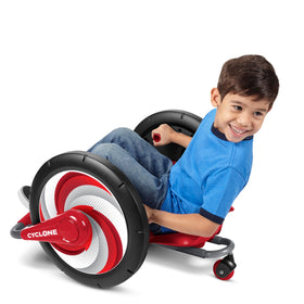 Radio Flyer Cyclone rear caster enables smooth spins on flat surfaces.