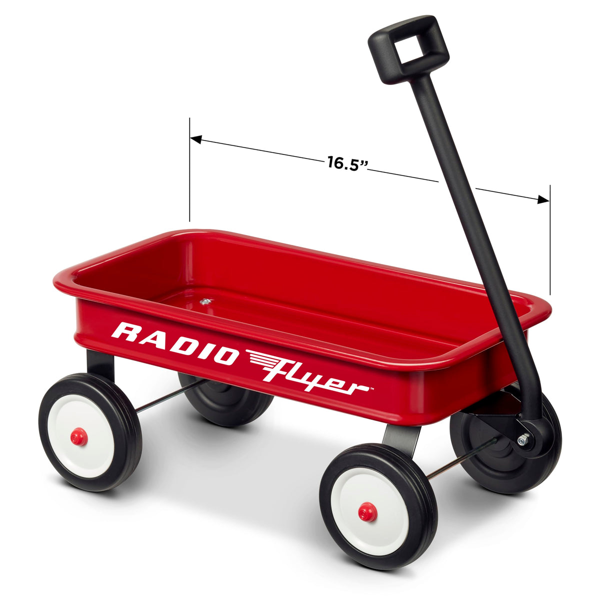 Radio Flyer Mini Classic Red Wagon wheels on smooth surface, great for dolls and small treasures.