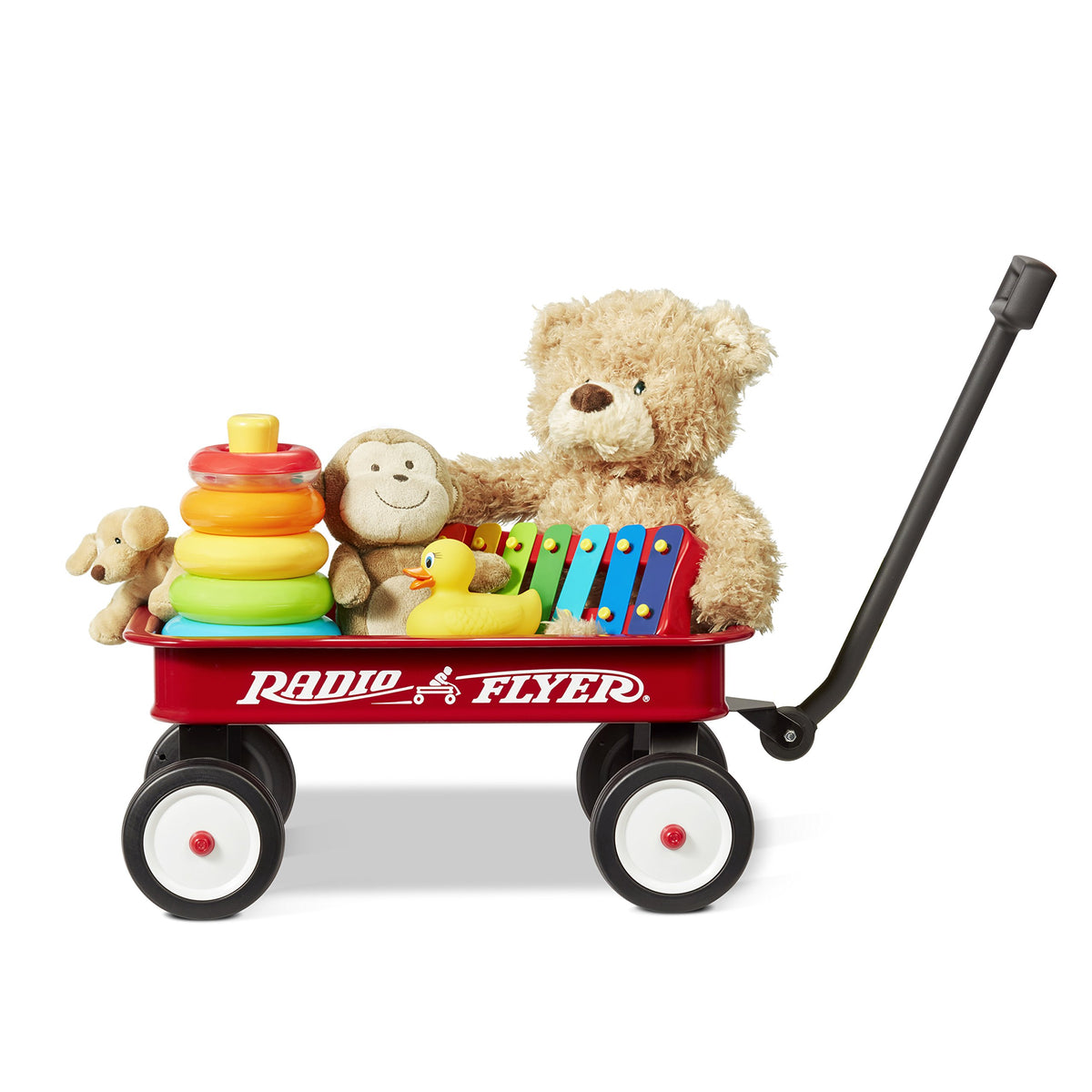 Radio Flyer Mini Classic Red Wagon durable wheels for smooth rolling.