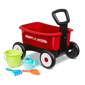 Radio Flyer push-pull walker wagon with garden tools for versatile indoor and outdoor play.