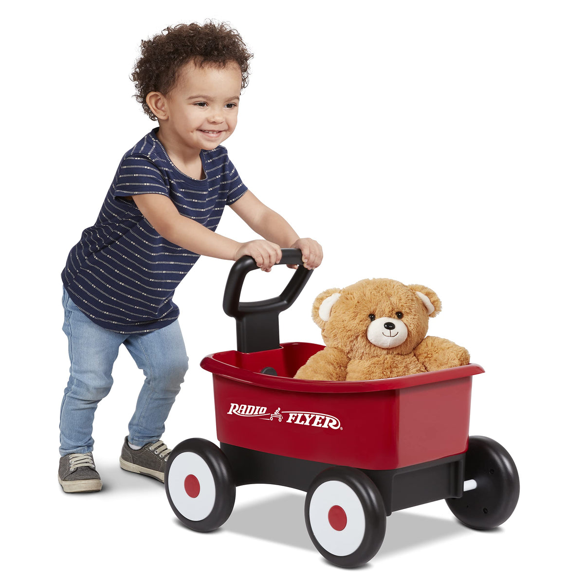 Radio Flyer Push & Pull Walker Wagon with teddy bear supports early walking with stability.