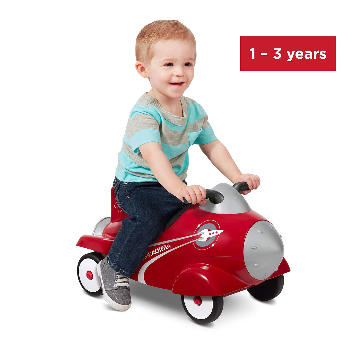 Radio Flyer Retro Rocket sensory panel with lights and sounds sparks imaginative play.