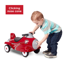 Radio Flyer Retro Rocket under-seat storage keeps toys close at hand.