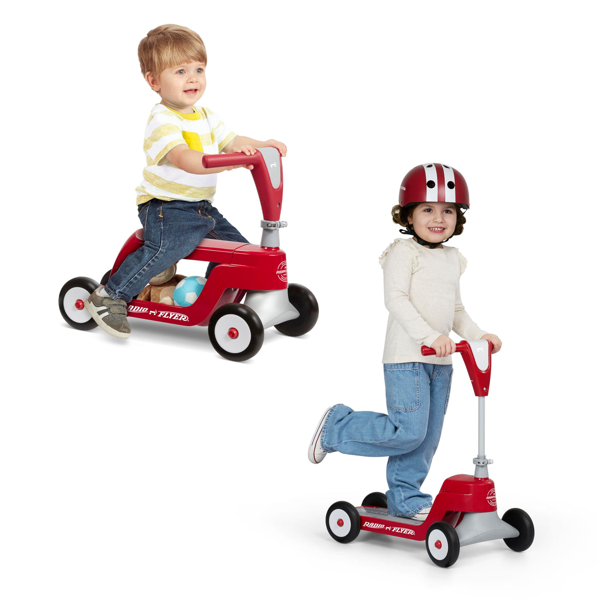 Radio Flyer Scoot 2 ride-on mode for comfy seated learning and backyard fun.