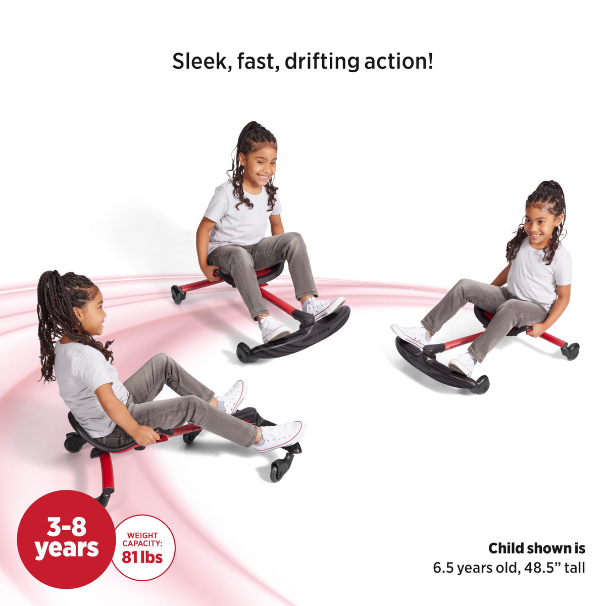 Integrated handles help kids balance during fun spins