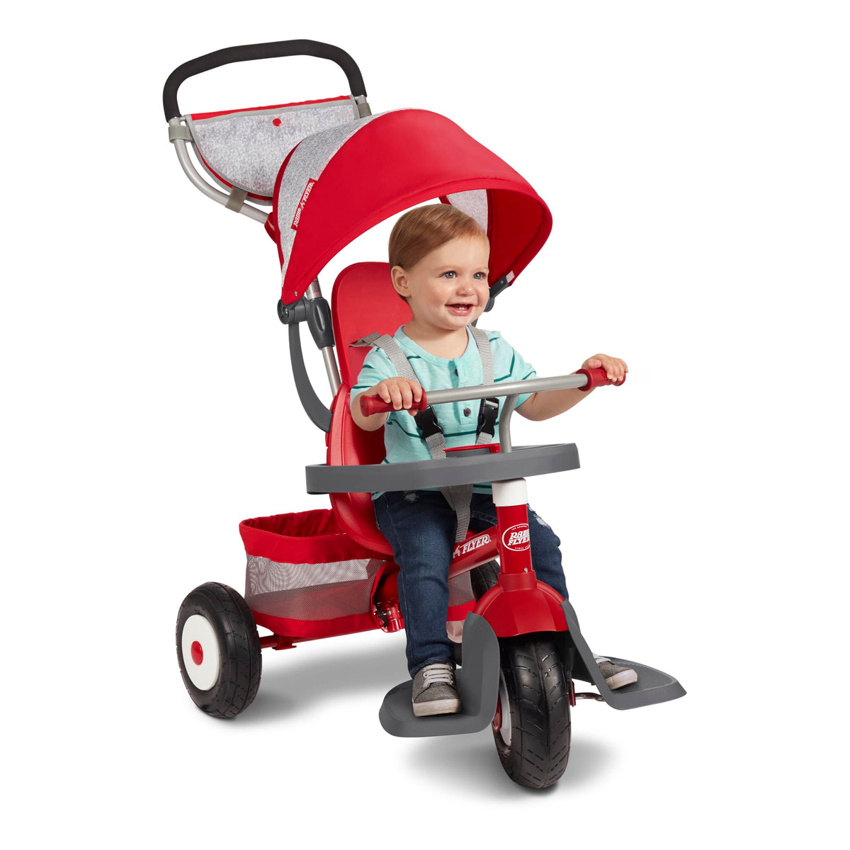 Radio Flyer Ultimate All-Terrain Stroll 'N Trike front view with canopy for outdoor adventures.