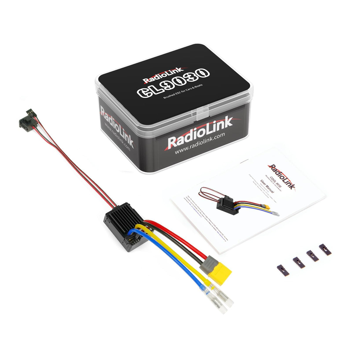 Radiolink CL9030 90A ESC applications image demonstrates use in RC crawlers and boats.