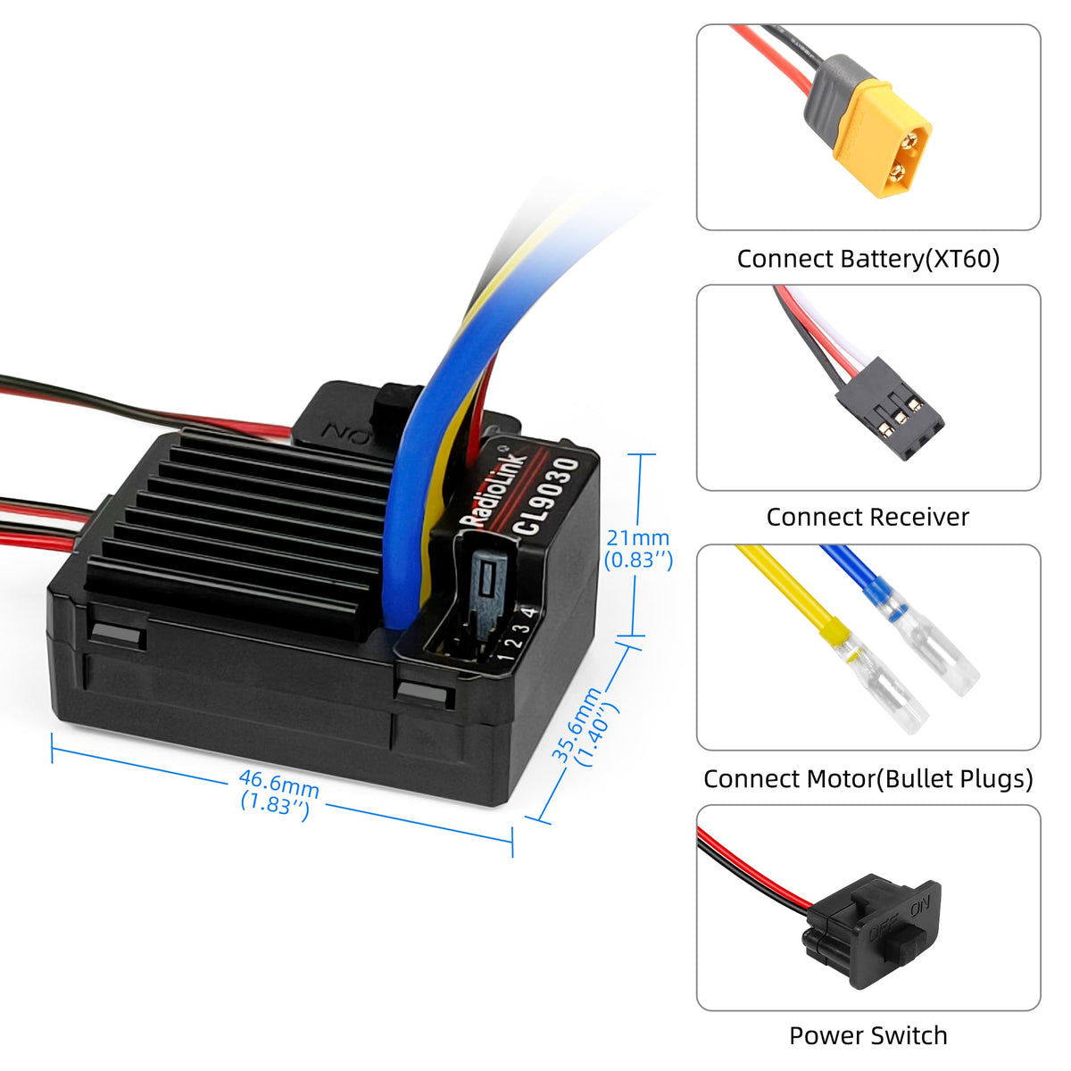 Radiolink CL9030 90A ESC voltage range image illustrates 6V–18V compatibility.