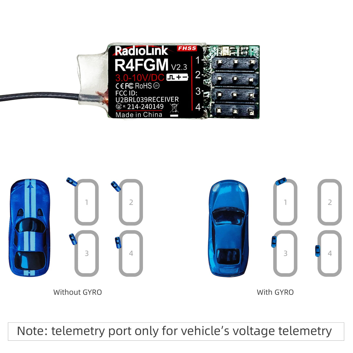 Radiolink R4FGM gyro inside for stabilized steering.