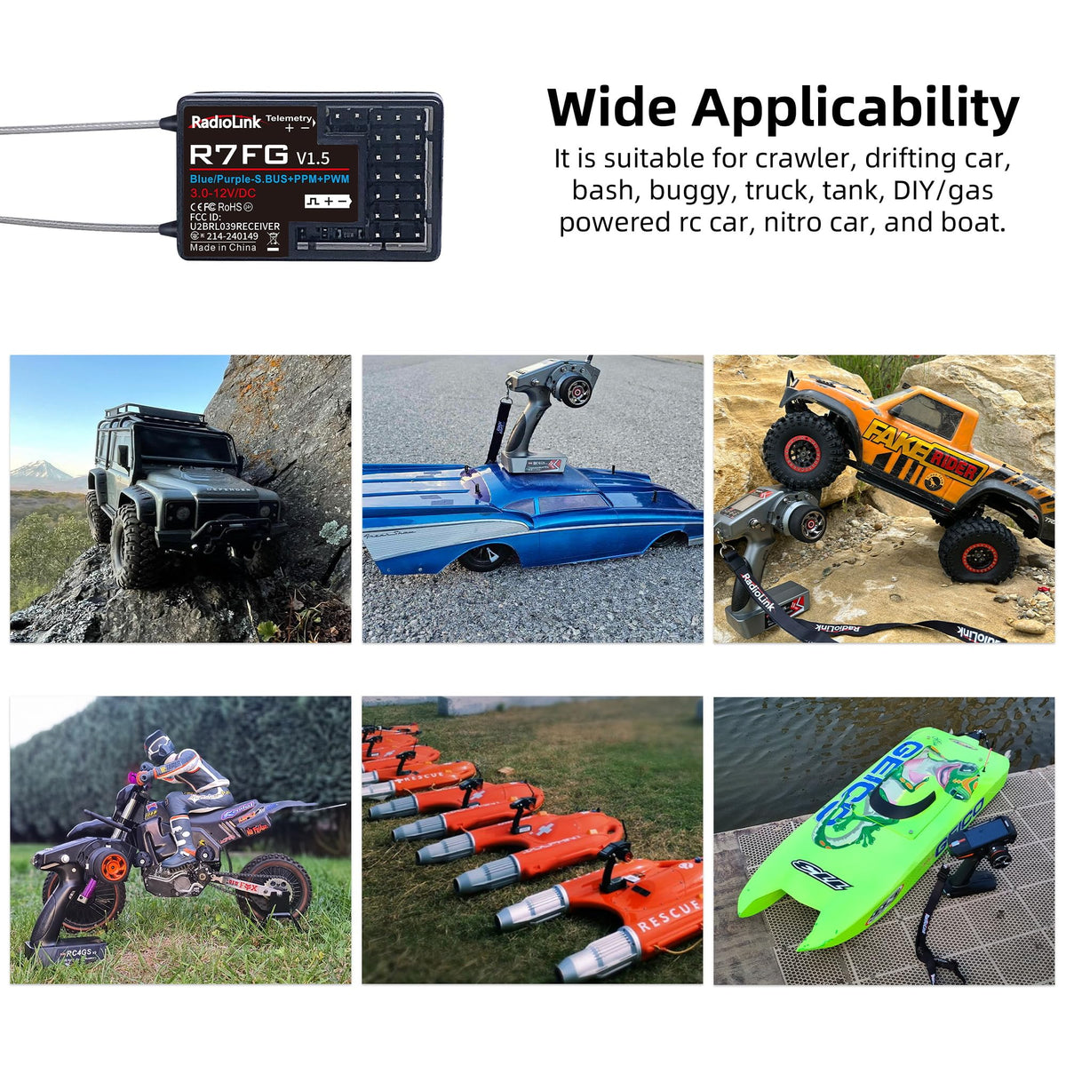 Radiolink R7FG real-time telemetry displays battery voltage and RSSI.