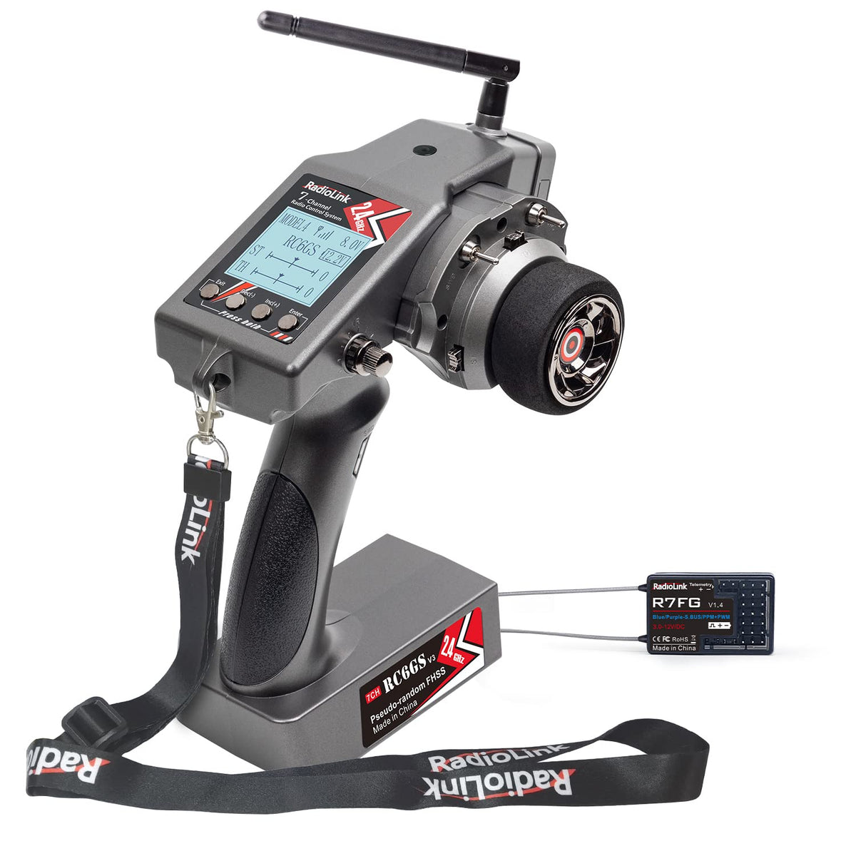 Radiolink RC6GS V3 transmitter with seven configurable channels for flexible control.