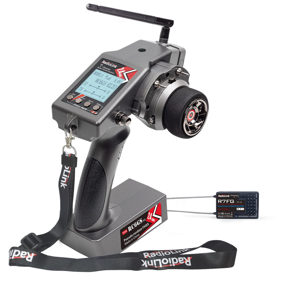 Radiolink RC6GS V3 transmitter with seven configurable channels for flexible control.