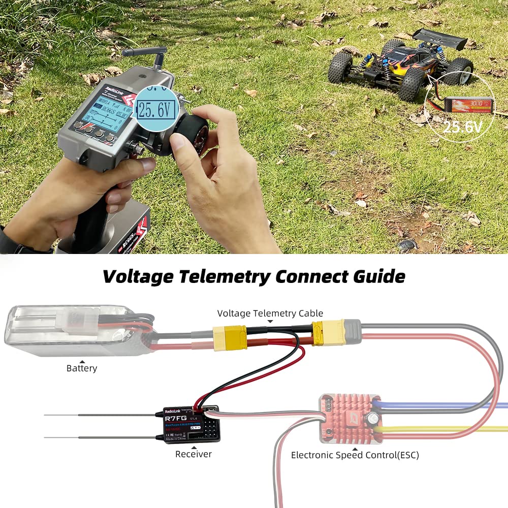 Radiolink RC6GS V3 telemetry display showing battery and RSSI