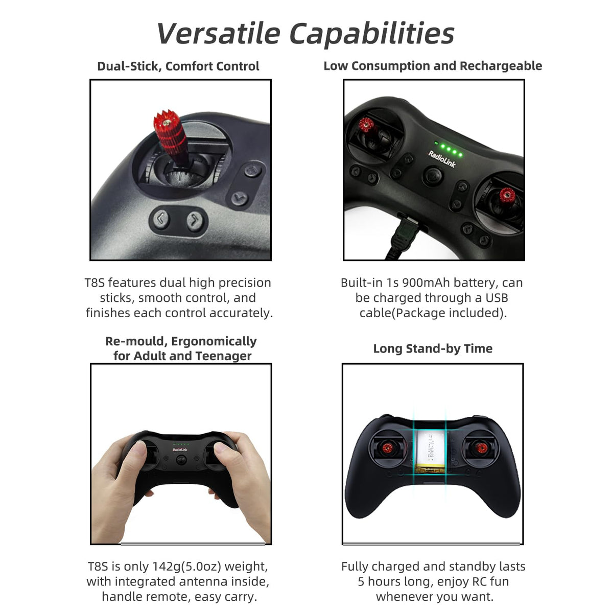 Radiolink T8S dual sticks offer precise control for boats and planes.