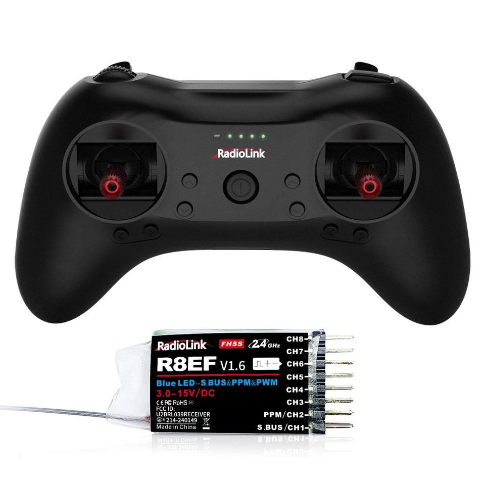 Radiolink T8S front view, compact transmitter ideal for field RC sessions.