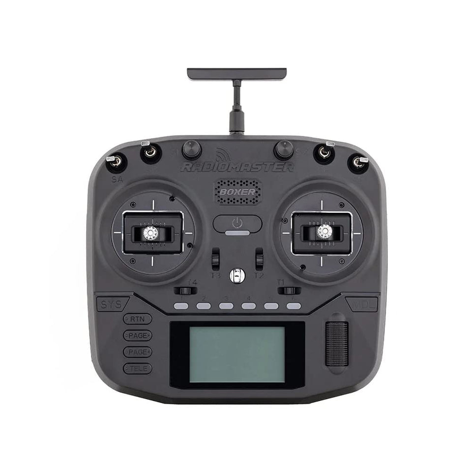 RadioMaster Boxer front-angle view highlights compact ergonomic design for comfortable handling.
