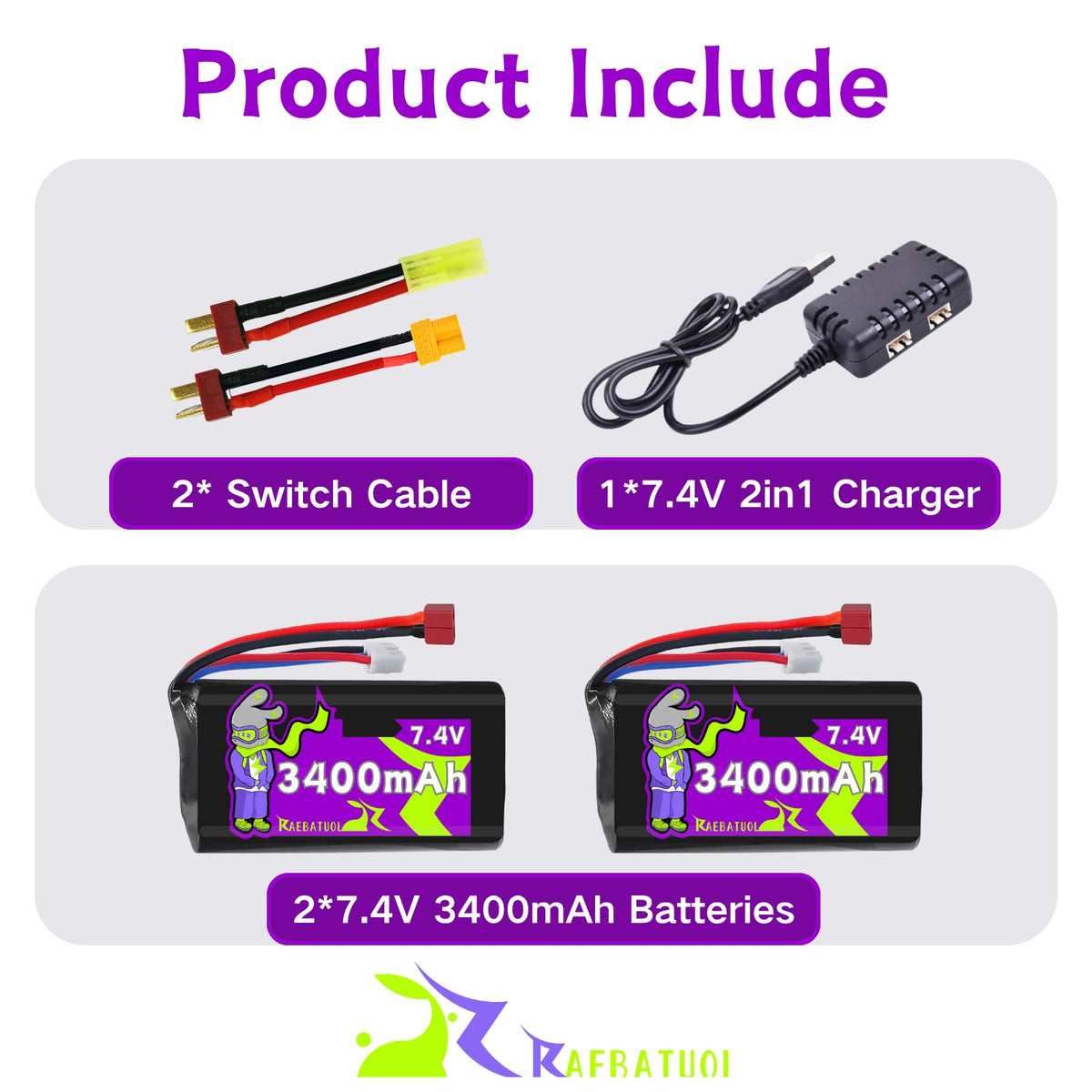 Raebatuol kit includes two batteries and connectors for quick swaps