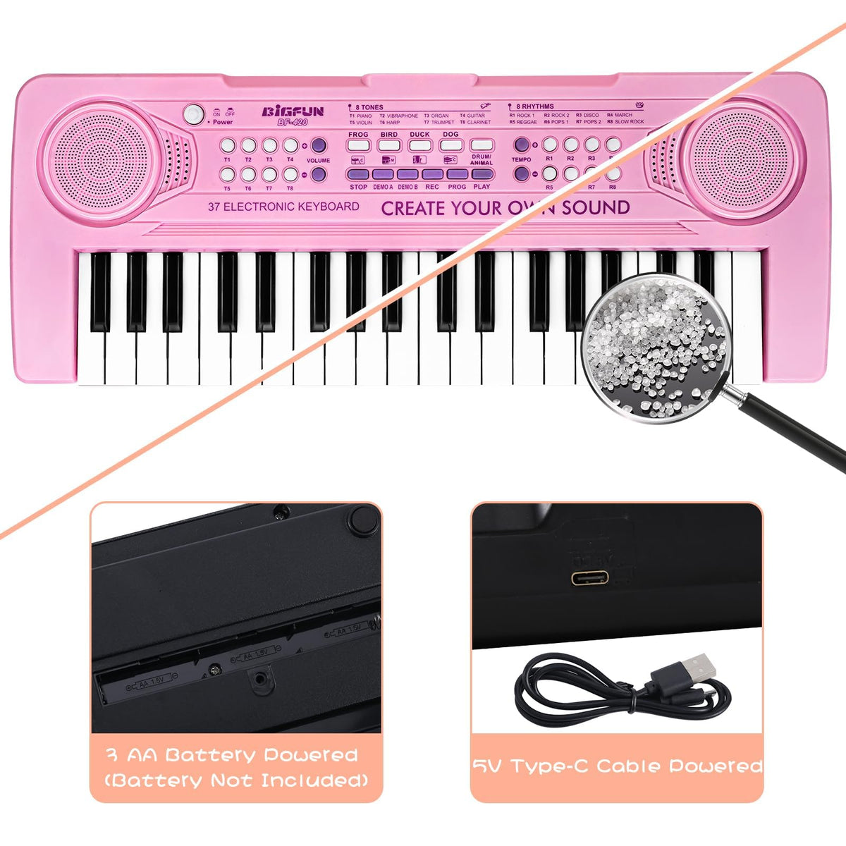 Raimy 37 Keys keyboard offers 11 demo songs for exploration.
