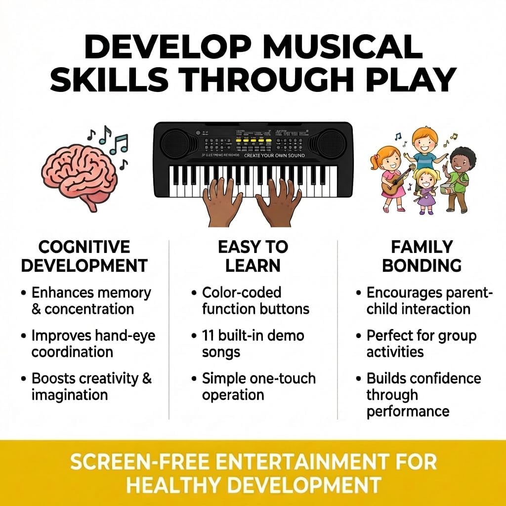 Raimy 37-key keyboard with demo songs playback for guided learning fun.