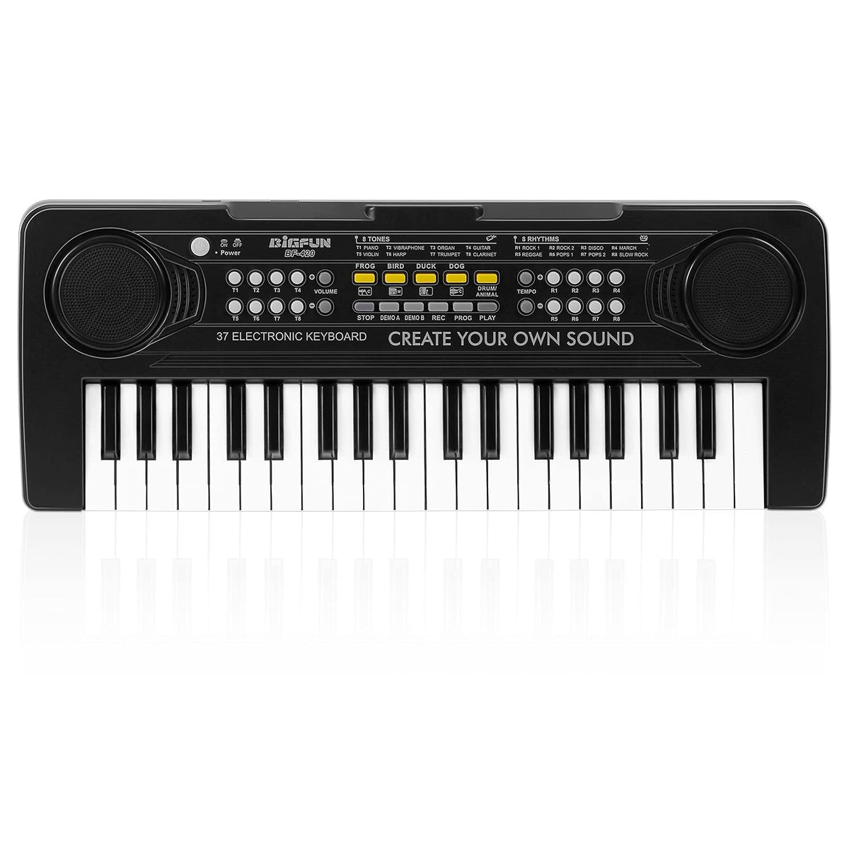 Raimy 37-key kids keyboard front view, compact design for tabletop play.