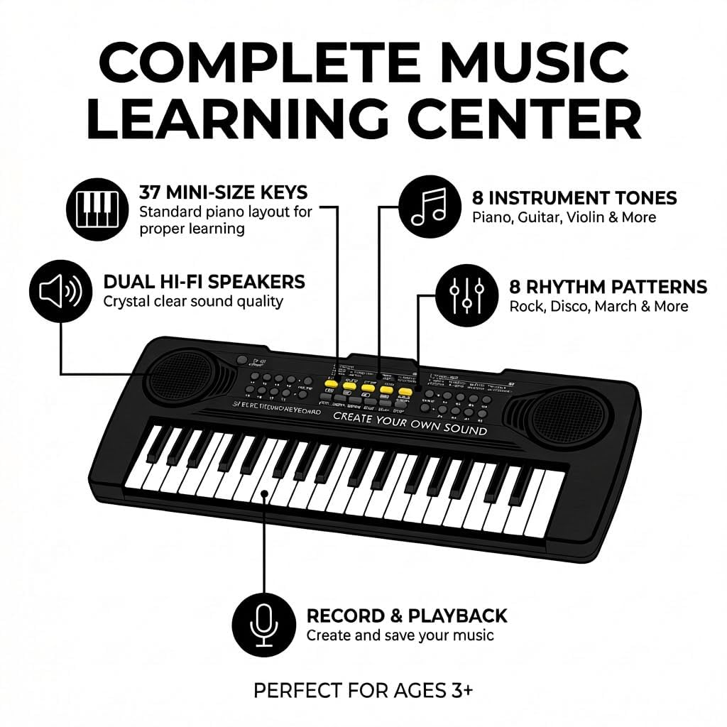 Raimy 37-key kids keyboard side view, lightweight portable design for travel.