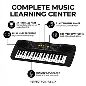Raimy 37-key kids keyboard side view, lightweight portable design for travel.