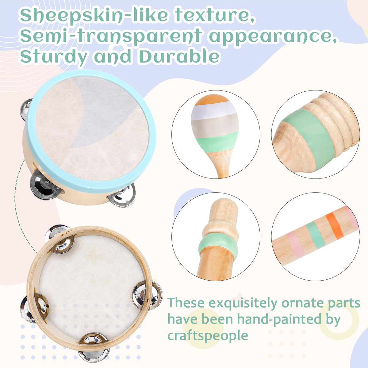 Raimy tambourine with imitation sheepskin surface offers durable, engaging percussion