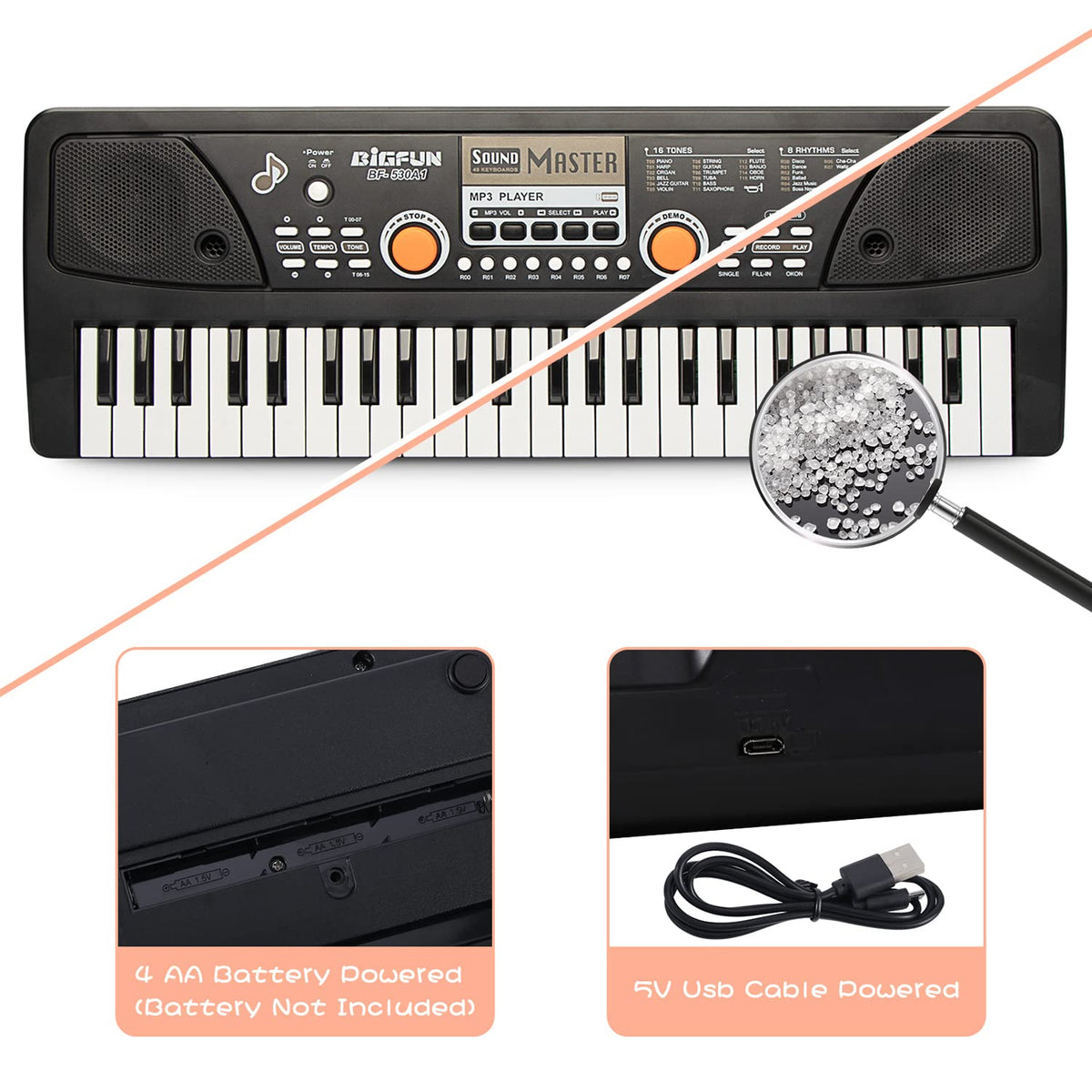 Raimy keyboard showing demo songs for engaging practice.