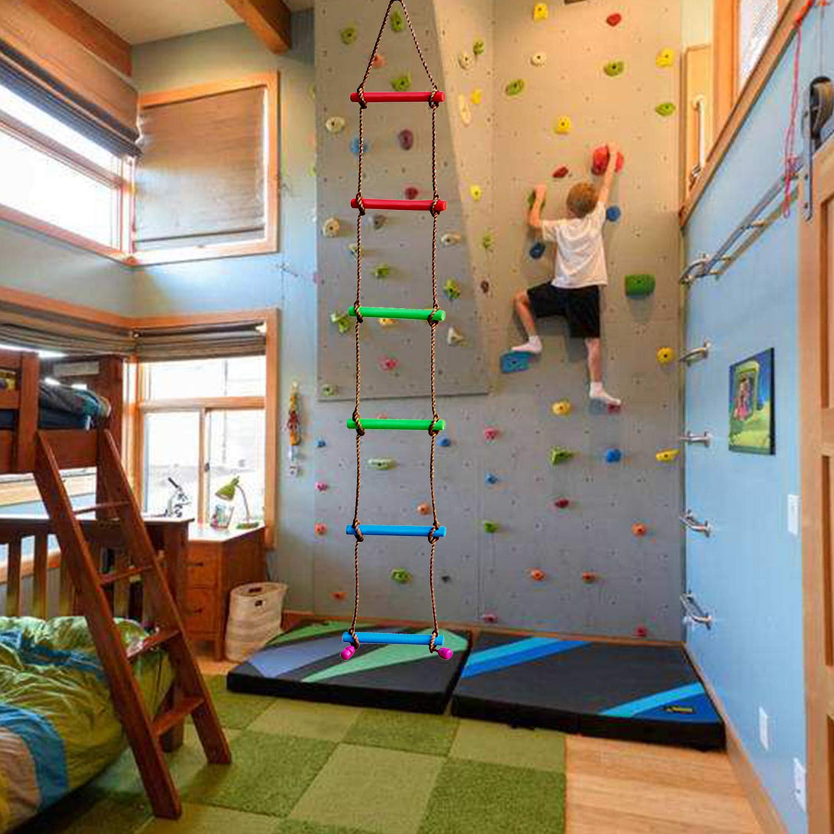 Rainbow Craft kids climbing ladder during outdoor play.