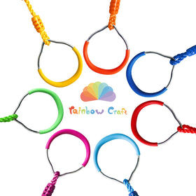 Rainbow Craft ninja rings hanging on a swing set for quick setup