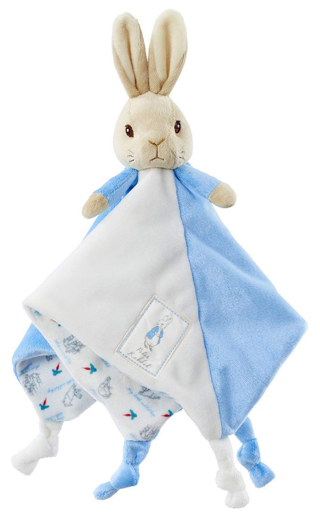 Rainbow Designs Peter Rabbit comfort blanket laid flat, soft and gentle for newborn skin.