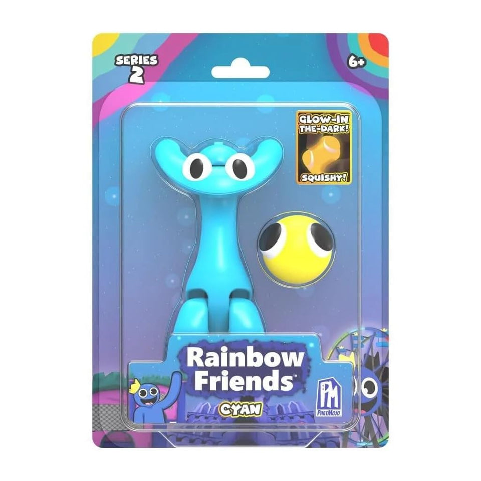 Rainbow Friends Cyan 5-inch action figure with glow-in-the-dark squishy for display and play