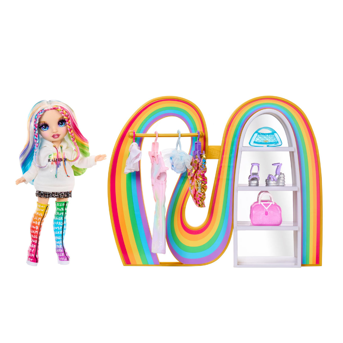 Rainbow High Amaya Rainbow Closet playset with exclusive doll for imaginative dress-up.