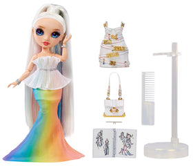 Amaya Raine in gradient rainbow gown with iridescent shine for storytelling