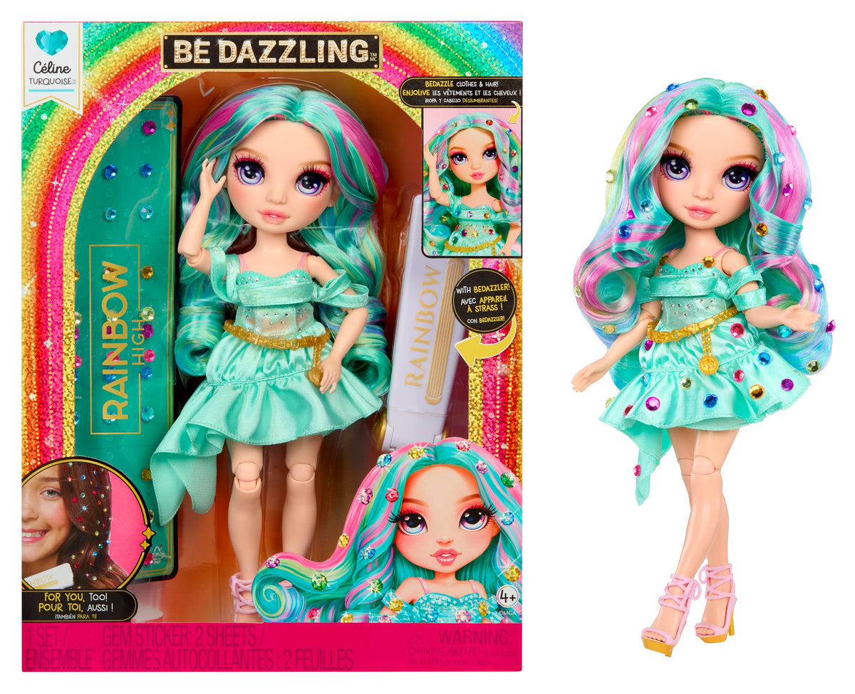 Rainbow High Céline Turquoise doll with bedazzling tool adds shimmering dress details.
