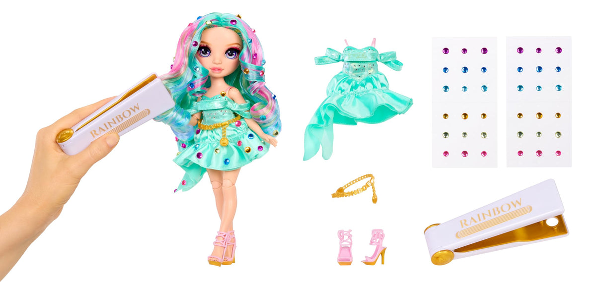 Rainbow High Céline turquoise doll hair adorned with gems for sparkling style.