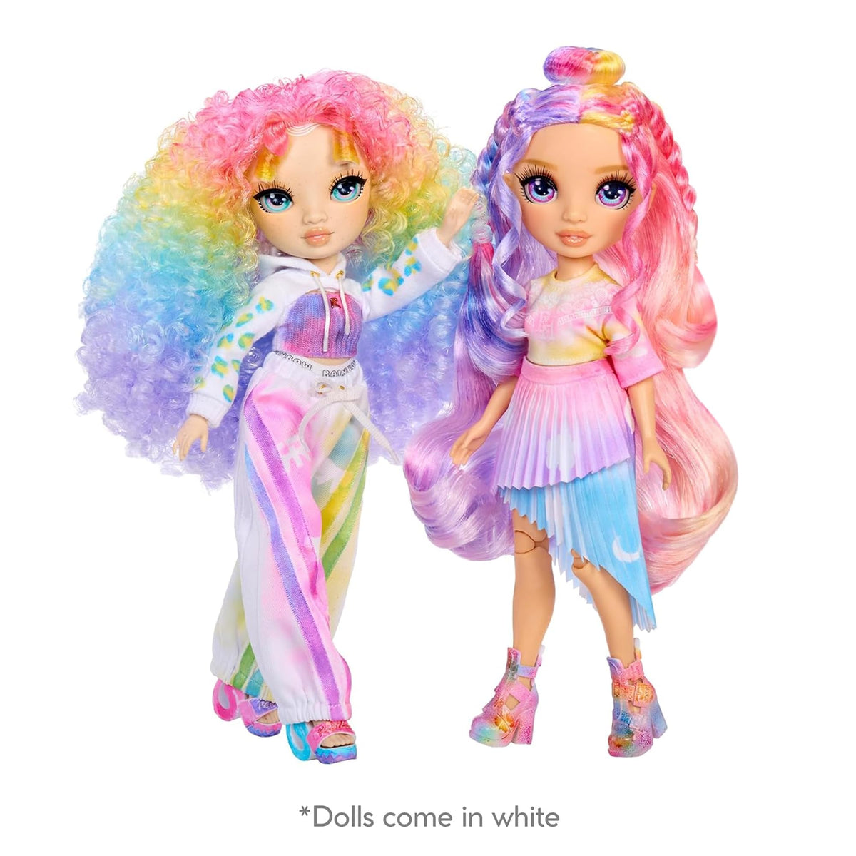Rainbow High collectible dolls with green, grey, and purple eyes for mix-and-match play