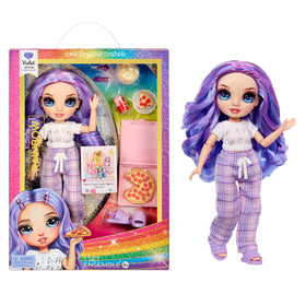 Rainbow High Violet doll in purple pajama set ready for cozy PJ party.