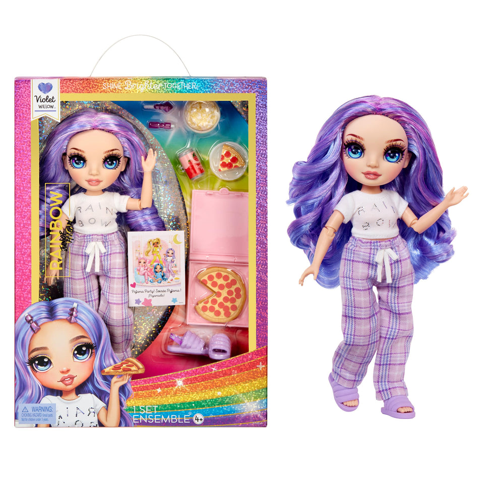 Rainbow High Violet doll in purple pajama set ready for cozy PJ party.