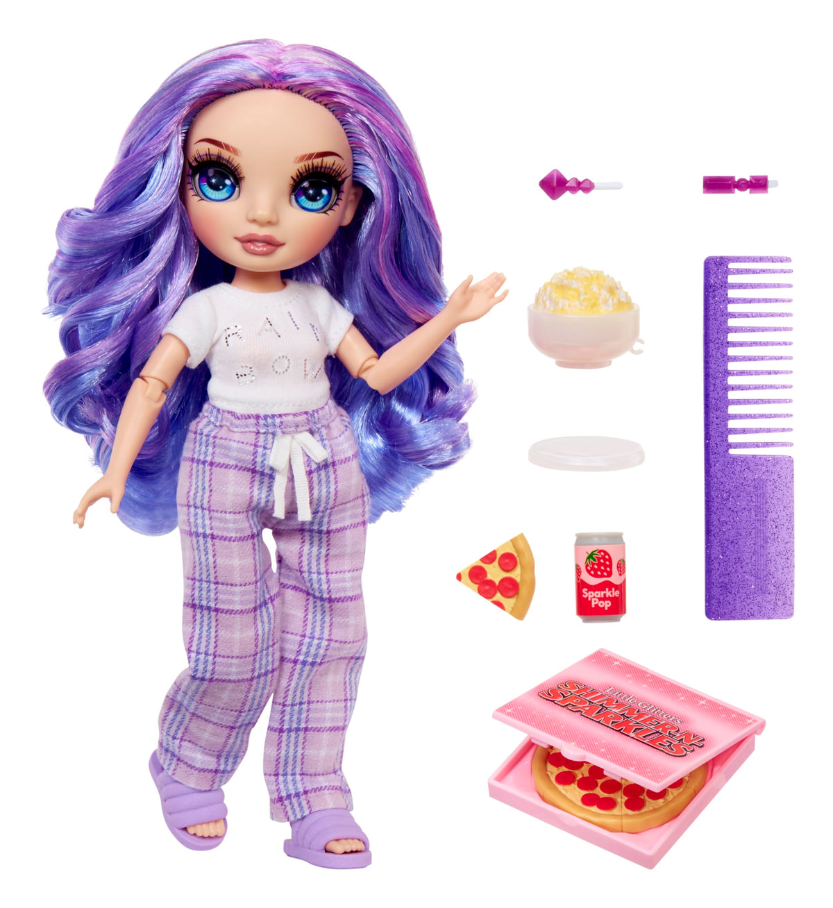 Rainbow High Violet slippers and pajama accessories for imaginative sleepover play.