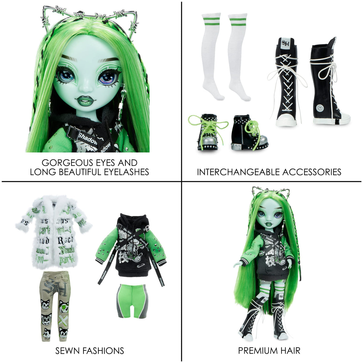 Rainbow High Neon Shadow Harley Limestone denim jacket look and accessories