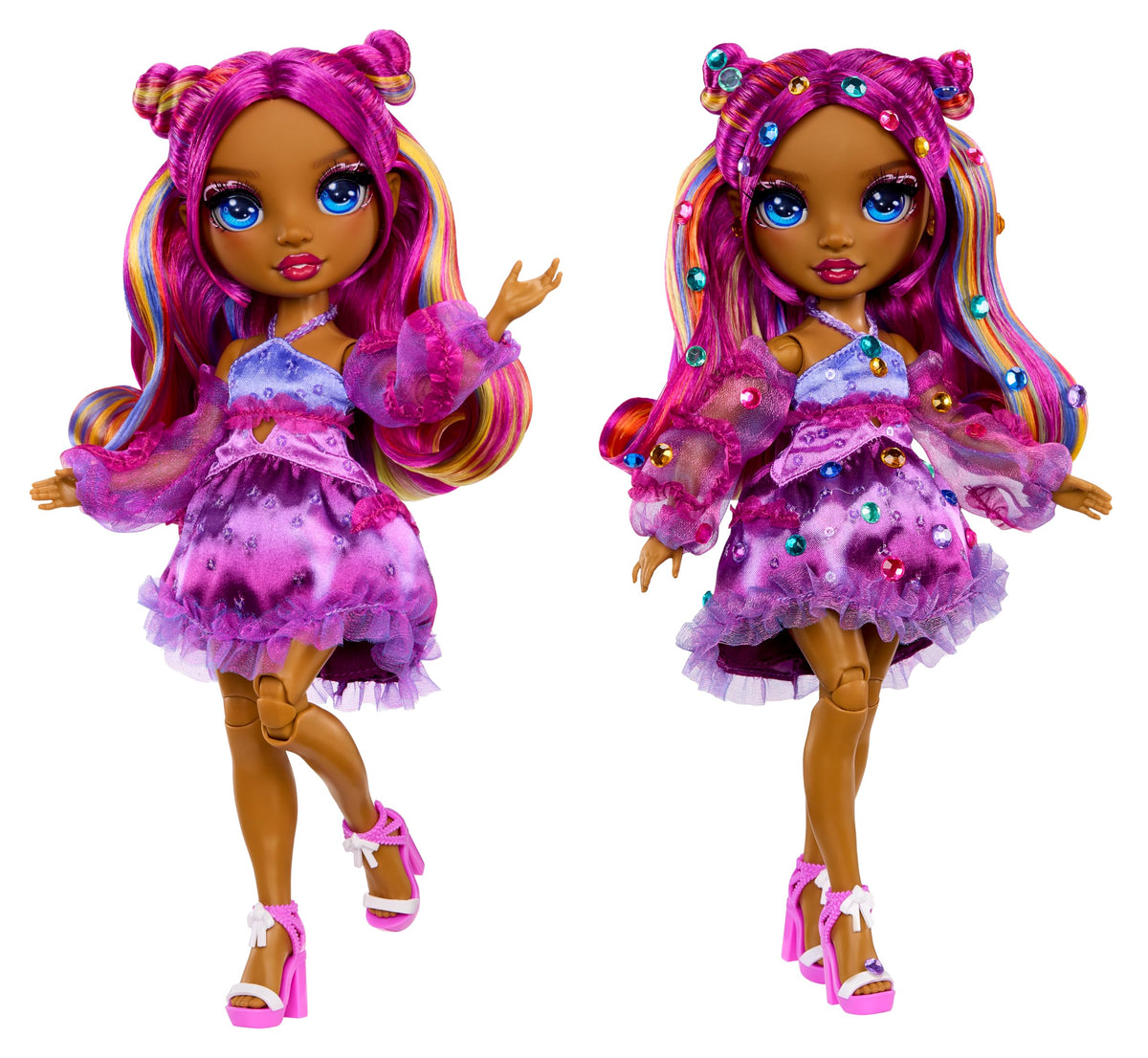 Rainbow High Noémie Violette detailed purple outfit on doll.