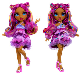 Rainbow High Noémie Violette detailed purple outfit on doll.