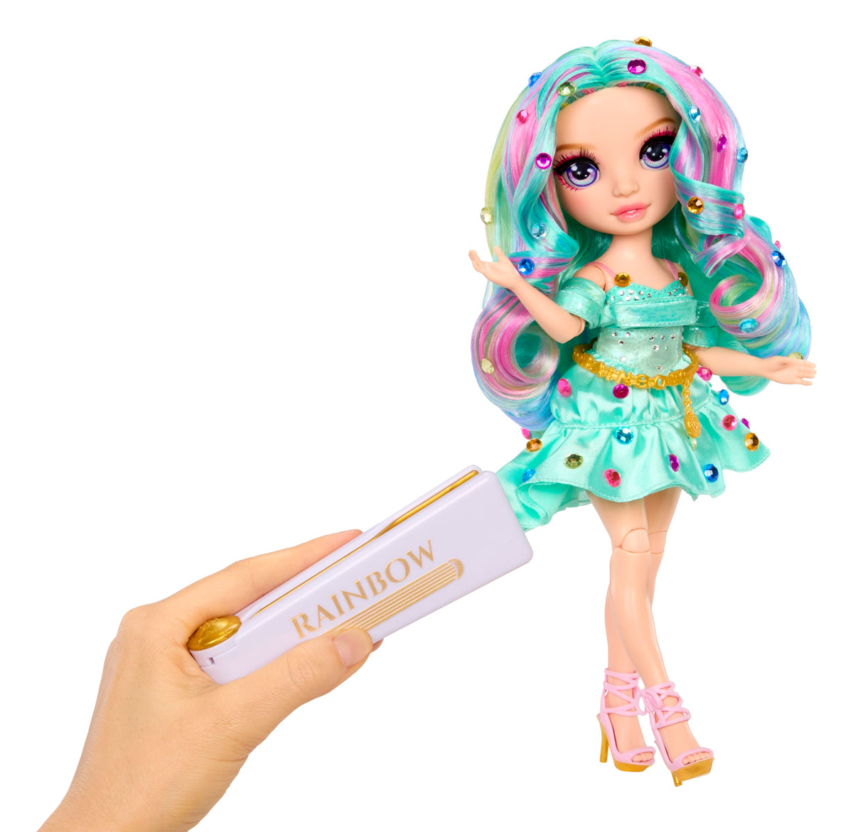 Rainbow High action-ready doll in glassy gaze and sparkling aesthetic.