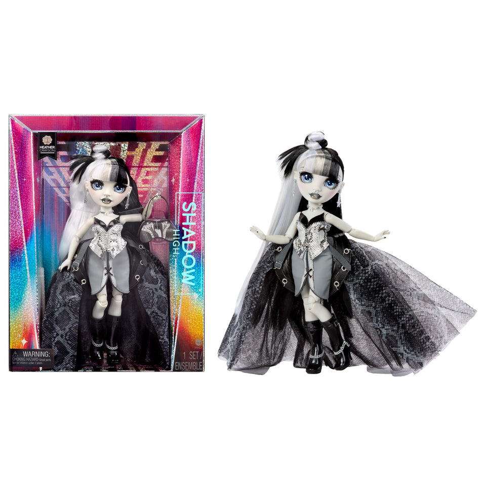 Rainbow High Shadow High Heather Grayson doll ensemble for stylish display and posing.