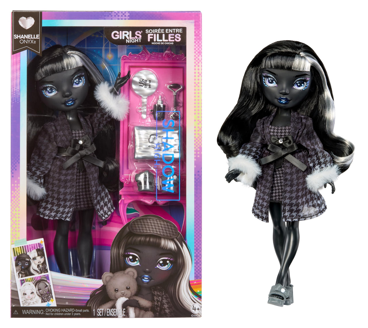 Rainbow High Shanelle Onyx in grayscale robe for a cozy night-in.