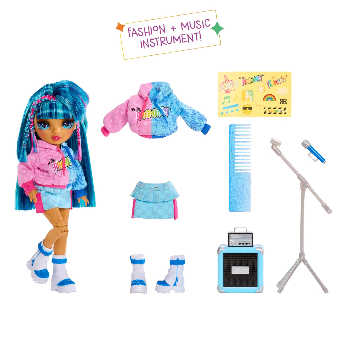 Rainbow High Skyler blue doll pose ideal for stage play.
