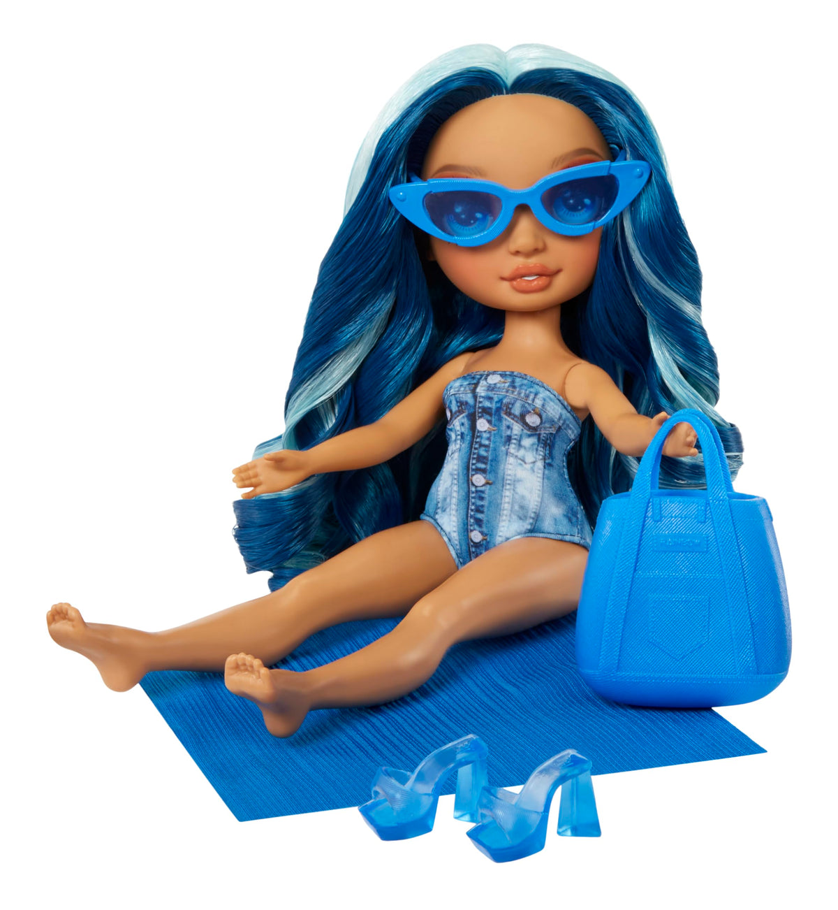 Rainbow High Skyler long curly blue hair and glass eyes for expressive play